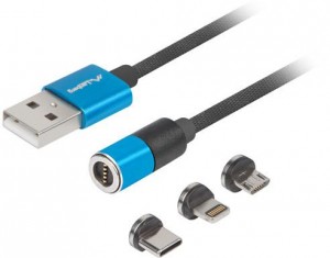 KABEL COMBO USB-A(M)->USB MICRO(M)+LIGHTNING(M)+USB-C(M) 2.0 1M CZARNO-NIEBIESKI QC 3.0